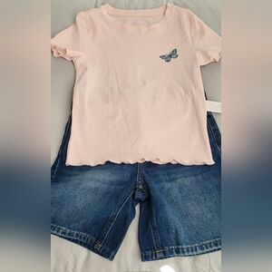 Girls Outfit Pink Butterfly Shirt EUC & Jeans Shorts NWT